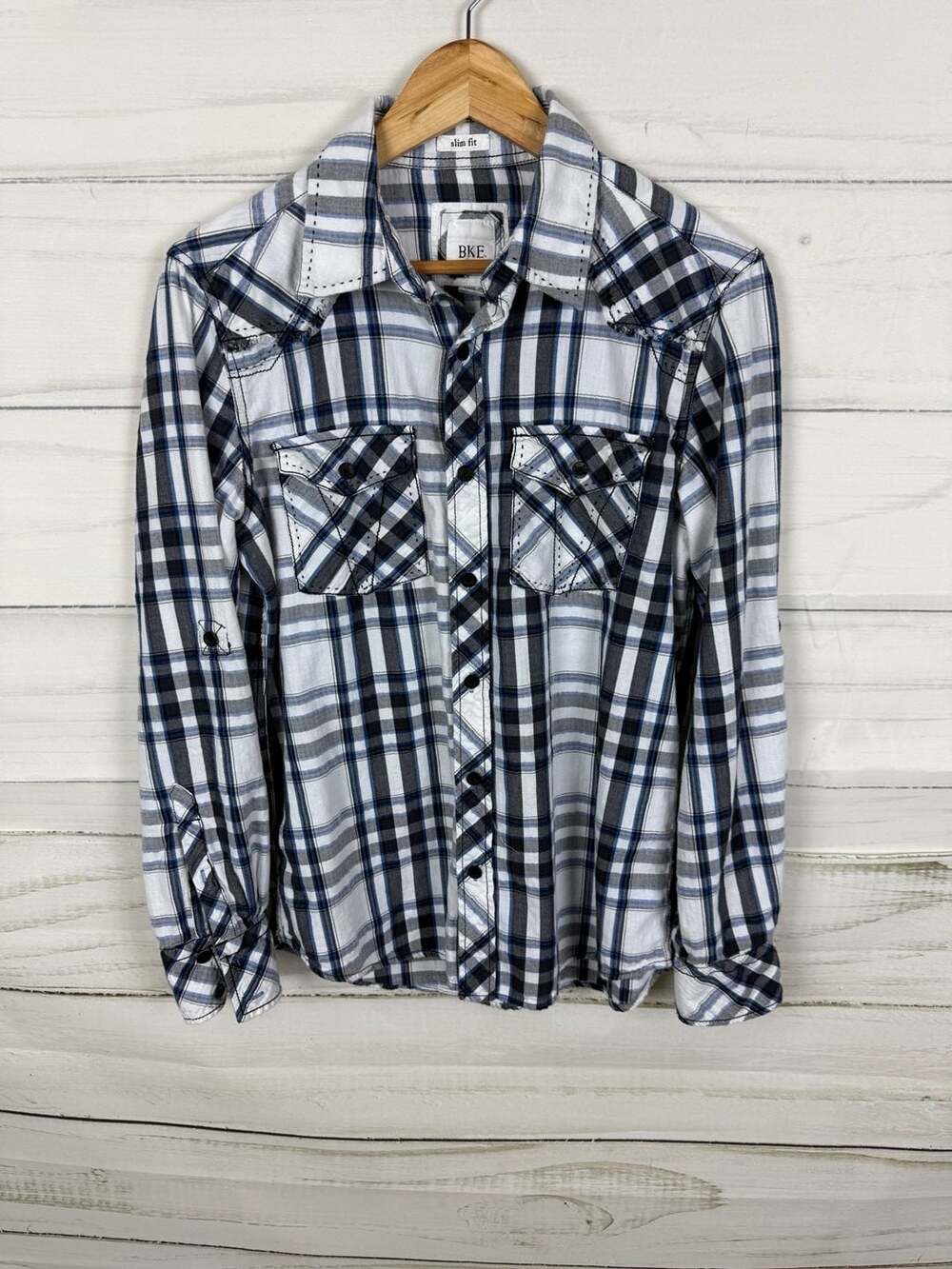 BKE Men's Slim Fit Plaid Long Sleeve Button-Up Shirt